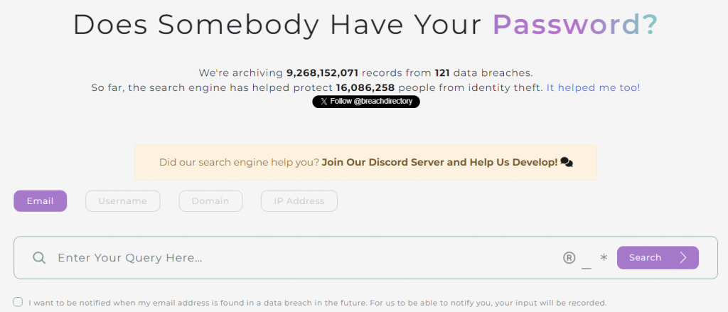 Data Breach Search Engine by BreachDirectory