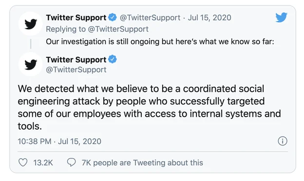 A statement by Twitter regarding the alleged Twitter hack in 2020