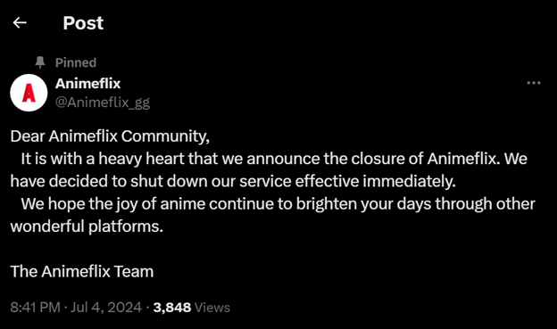 Animeflix Announcement on X/Twitter