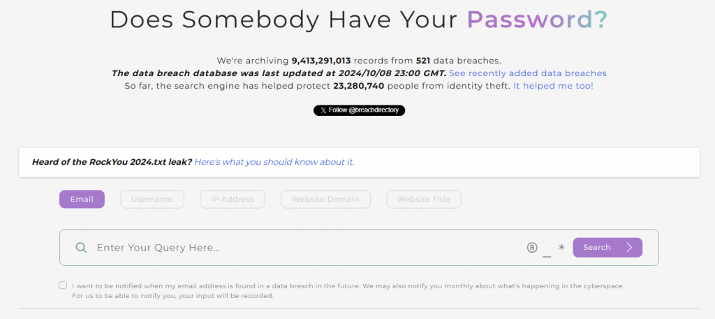 Protecting Yourself From RockYou 2024.txt: BreachDirectory Data Breach Search Engine