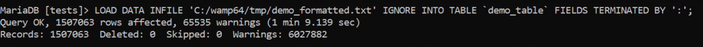 Completed Process of LOAD DATA INFILE