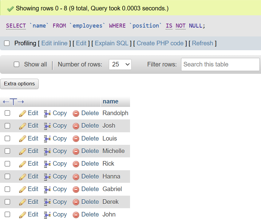 Analyse Database Query Using IS NOT NULL